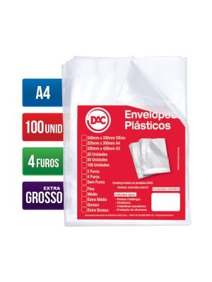 Envelope Plástico A4 Espessura Extra Grosso e 4 Furos - 100 unid - 5088A4-100