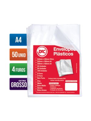 Envelope Plástico A4 Espessura Extra Grosso e 4 Furos - 50 unid - 5088A4-50