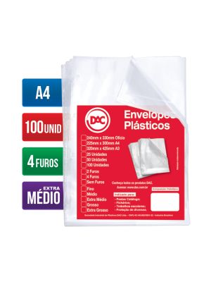 Envelope Plástico A4 Espessura Extra Médio e 4 Furos - 100 unid - 5178A4-100