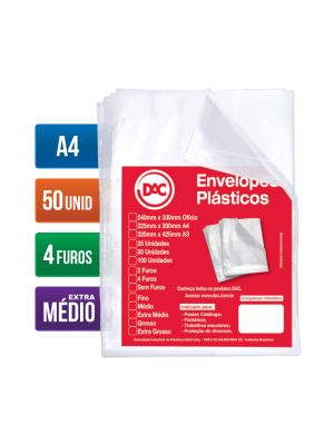 Envelope Plástico A4 Espessura Extra Médio e 4 Furos - 50 unid - 5178A4-50