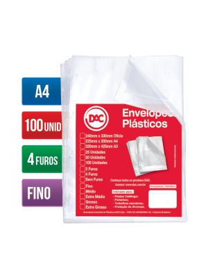 Envelope Plástico A4 Espessura Fino e 4 Furos - 100 unid - 5070A4-100
