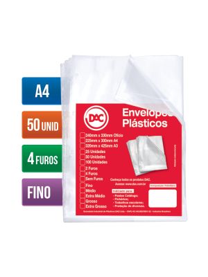 Envelope Plástico A4 Espessura Fino e 4 Furos - 50 unid - 5070A4-50
