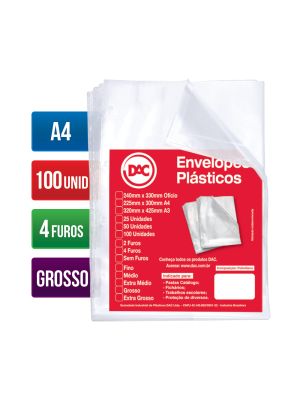 Envelope Plástico A4 Espessura Grossa e 4 Furos - 100 unid - 5076A4-100