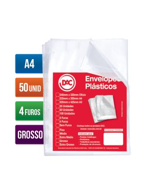 Envelope Plástico A4 Espessura Grossa e 4 Furos - 50 unid - 5076A4-50