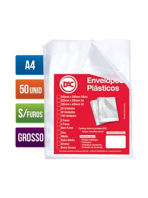 Envelope Plástico A4 Espessura Grossa e sem Furos - 50 unid - 5075A4-50
