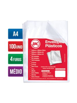 Envelope Plástico A4 Espessura Média e 4 Furos - 100 unid - 5078A4-100