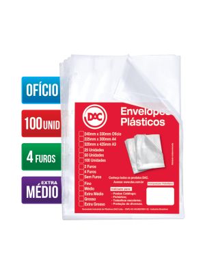 Envelope Plástico Ofício Espessura Extra Médio e 4 Furos - 100 unid - 5178-100