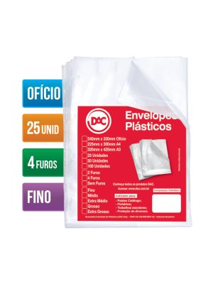 Envelope Plástico Ofício Espessura Fino 4 e Furos - 25 unid - 5070-25