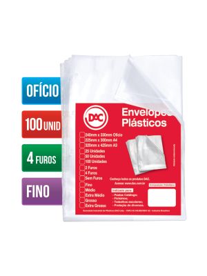 Envelope Plástico Ofício Espessura Fino e 4 Furos - 100 unid - 5070-100