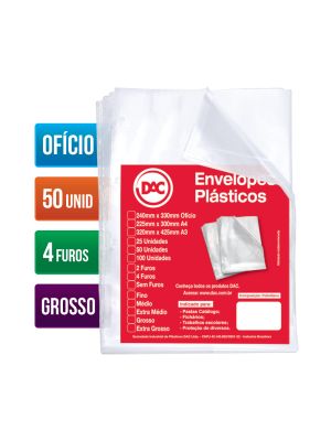 Envelope Plástico Ofício Espessura Grossa e 4 Furos - 50 unid - 5076-50