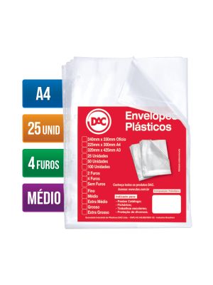 Envelope Plástico A4 Espessura Média e 4 Furos - 25 unid - 5078A4-25